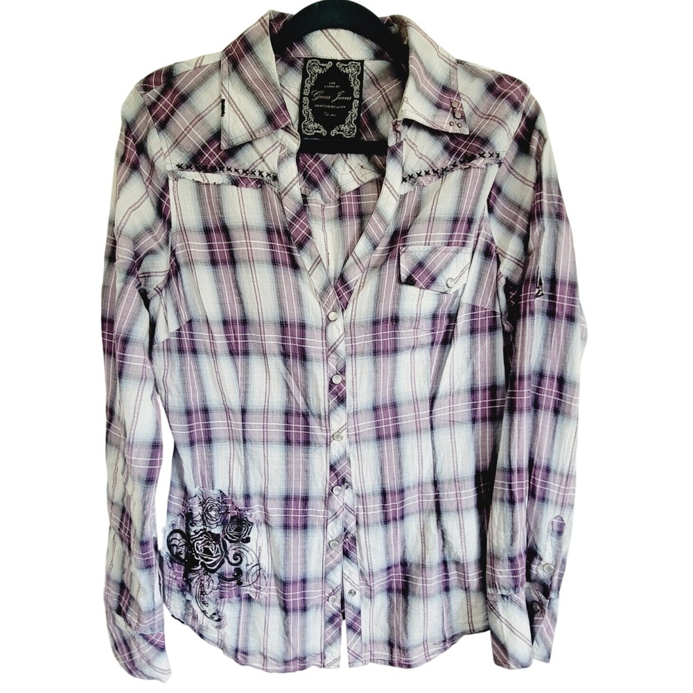 Guess Jeans L Purple Plaid Western Shirt Embroidered~ Pockets Pearl Snap Closure